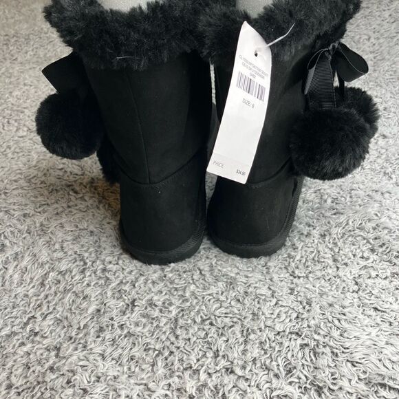 NWT JUSTICE 8 Faux Fur Shearling Pom Pom Winter Boots Shoes Ribbon Black NWT - Picture 2 of 8